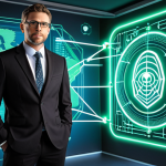 "A confident, modern lawyer standing amidst a futuristic, glowing legal landscape. Holographic projections and interconnected digital nodes illustrate key emerging legal areas: a data privacy shield, a blockchain network, an AI brain icon, and symbols of green energy and sustainable development. The scene evokes a sense of innovation and new opportunities within the legal field, emphasizing digital transformation and specialized expertise. Professional, dynamic, high-tech."