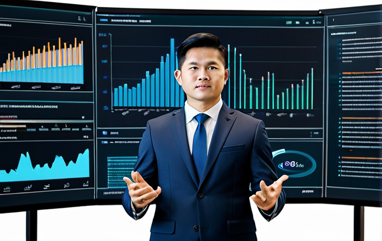 A professional Vietnamese male lawyer in a modest business suit, standing confidently and gesturing towards a futuristic transparent display. The display shows intricate legal data visualizations, AI-powered contract analysis tools, and smart legal document interfaces. The setting is a sleek, modern LegalTech innovation hub with ambient, professional lighting and large data screens in the background. High resolution, cinematic lighting, ultra-detailed, professional photography, perfect anatomy, correct proportions, well-formed hands, natural body proportions, natural pose, safe for work, appropriate content, fully clothed, professional dress.