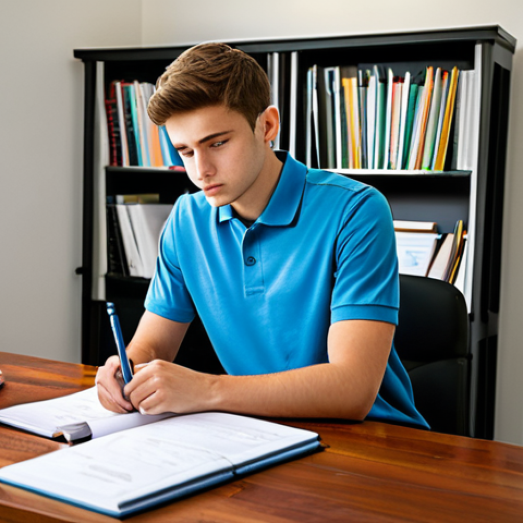 A focused law student, mid-20s, with a serious yet calm demeanor, dressed in a modest, professional polo shirt and neat trousers, fully clothed, appropriate attire. They are sitting at a clean, organized modern wooden desk in a well-lit study room or home office, with a neatly organized stack of law books, a laptop displaying legal documents, an open planner, and a small timer. The student is looking thoughtfully at their notes, demonstrating deep concentration. Professional photography, natural pose, perfect anatomy, correct proportions, well-formed hands, proper finger count, natural body proportions, crisp focus, vibrant colors, clear details, high quality, safe for work, appropriate content, professional, family-friendly.
