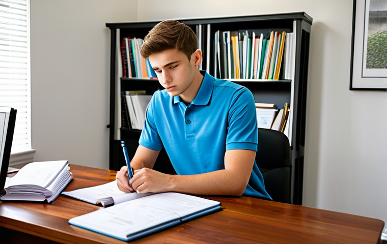 A focused law student, mid-20s, with a serious yet calm demeanor, dressed in a modest, professional polo shirt and neat trousers, fully clothed, appropriate attire. They are sitting at a clean, organized modern wooden desk in a well-lit study room or home office, with a neatly organized stack of law books, a laptop displaying legal documents, an open planner, and a small timer. The student is looking thoughtfully at their notes, demonstrating deep concentration. Professional photography, natural pose, perfect anatomy, correct proportions, well-formed hands, proper finger count, natural body proportions, crisp focus, vibrant colors, clear details, high quality, safe for work, appropriate content, professional, family-friendly.