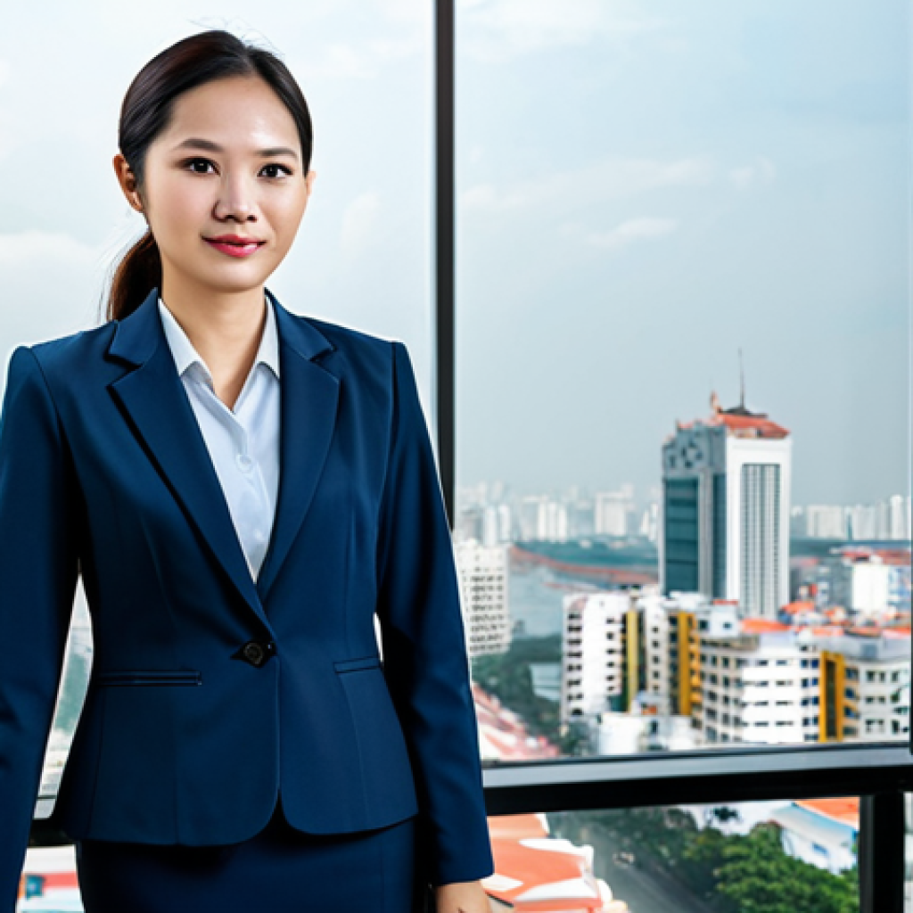 **

"A professional female lawyer in a modest and well-tailored business suit, standing confidently in a modern Ho Chi Minh City office with a cityscape view in the background, fully clothed, appropriate attire, safe for work, perfect anatomy, correct proportions, natural pose, professional photography, high quality, family-friendly."

**