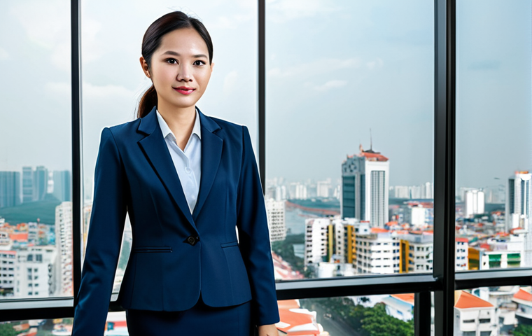 **

"A professional female lawyer in a modest and well-tailored business suit, standing confidently in a modern Ho Chi Minh City office with a cityscape view in the background, fully clothed, appropriate attire, safe for work, perfect anatomy, correct proportions, natural pose, professional photography, high quality, family-friendly."

**