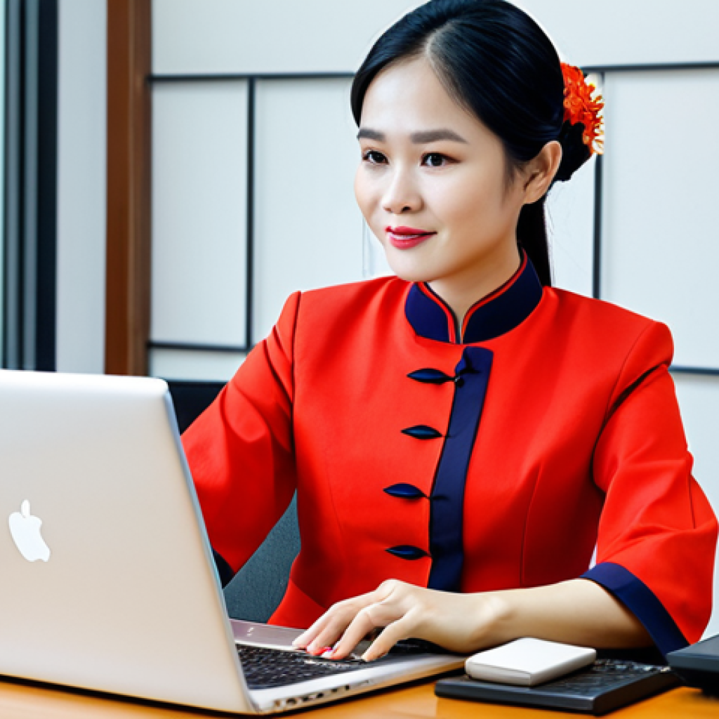 **

"A successful Vietnamese businesswoman in a tailored áo dài (traditional Vietnamese dress) suitable for the office, working on a laptop in a modern Hanoi office setting. Safe for work, appropriate content, fully clothed, professional, modest, perfect anatomy, natural proportions, high-quality professional photography, well-formed hands, proper finger count."

**