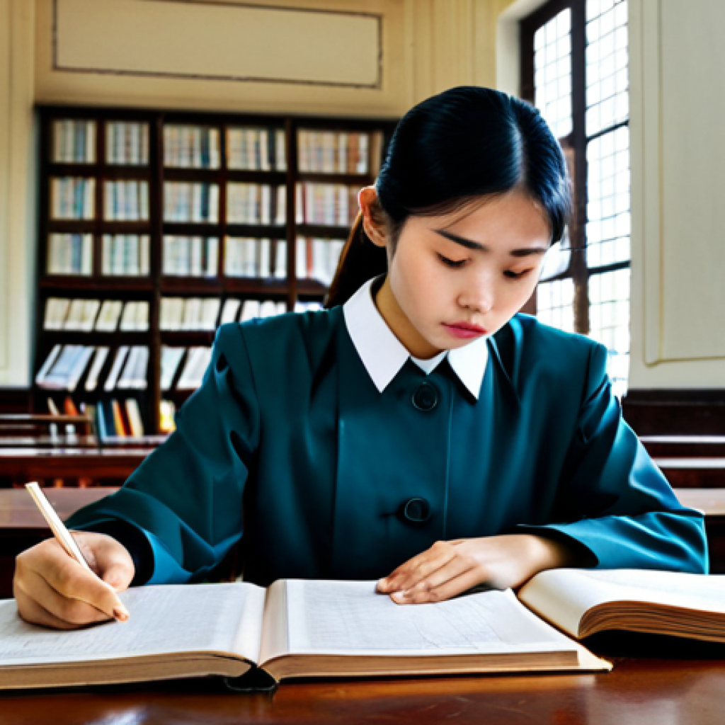 **

A determined law student in a Hanoi library, surrounded by legal textbooks and study materials. She is wearing modest professional attire, fully clothed, focused on reviewing old exam papers spread across her desk. The background features classic Vietnamese architecture visible through the library windows.  Emphasis on perfect anatomy, correct proportions, natural pose, well-formed hands, proper finger count, natural body proportions. Safe for work, appropriate content, professional, modest, family-friendly.

**