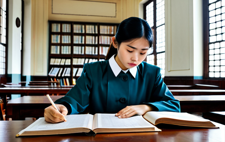 **

A determined law student in a Hanoi library, surrounded by legal textbooks and study materials. She is wearing modest professional attire, fully clothed, focused on reviewing old exam papers spread across her desk. The background features classic Vietnamese architecture visible through the library windows.  Emphasis on perfect anatomy, correct proportions, natural pose, well-formed hands, proper finger count, natural body proportions. Safe for work, appropriate content, professional, modest, family-friendly.

**