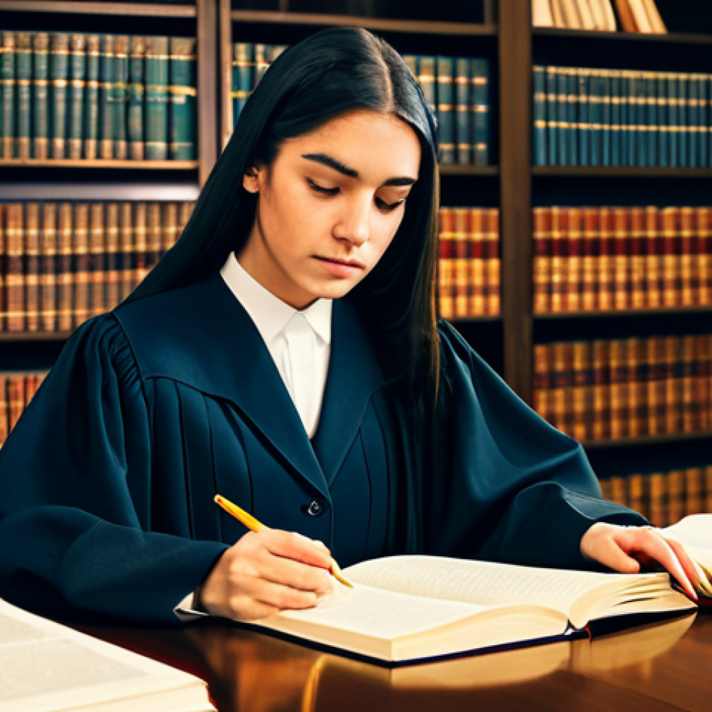 **

"A focused student, fully clothed in modest attire, studying diligently at a desk covered with law books and notes. A calm, organized workspace with soft lighting. Background: a bookcase filled with legal volumes. Safe for work, appropriate content, perfect anatomy, correct proportions, professional study environment, family-friendly."

**