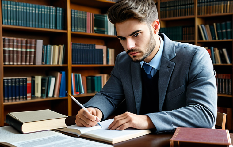 **

A diligent law student in a library, surrounded by textbooks and legal documents, fully clothed in casual study attire, focused expression, natural lighting, study environment, safe for work, appropriate content, fully clothed, professional, academic setting, perfect anatomy, correct proportions.

**