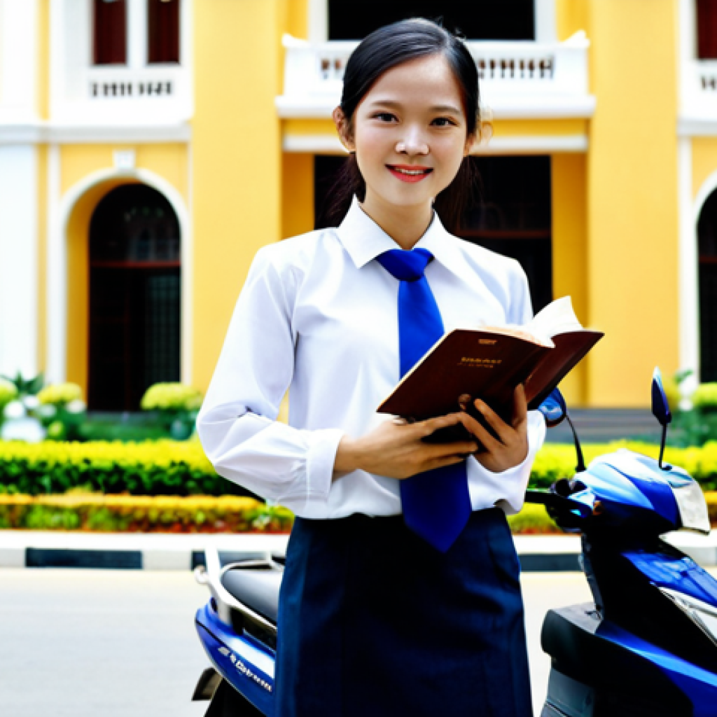 ** A confident Vietnamese law student in professional attire, standing in front of the Ho Chi Minh City Law University, holding a legal textbook. The background includes bustling city life with motorbikes and traditional áo dài. The image emphasizes "kỹ năng thực hành" (practical skills), perfect anatomy, fully clothed, appropriate attire, safe for work, high quality, professional.

**