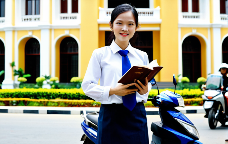 ** A confident Vietnamese law student in professional attire, standing in front of the Ho Chi Minh City Law University, holding a legal textbook. The background includes bustling city life with motorbikes and traditional áo dài. The image emphasizes "kỹ năng thực hành" (practical skills), perfect anatomy, fully clothed, appropriate attire, safe for work, high quality, professional.

**