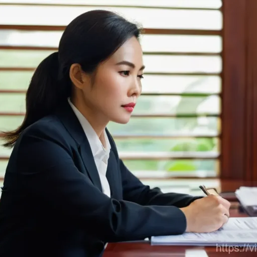 변호사 실무에서 자주 만나는 윤리적 딜레마 - **Prompt: "A professional Vietnamese female lawyer, in her late 30s, sitting at a beautifully polish...