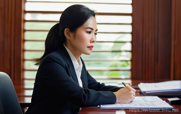 변호사 실무에서 자주 만나는 윤리적 딜레마 - **Prompt: "A professional Vietnamese female lawyer, in her late 30s, sitting at a beautifully polish...