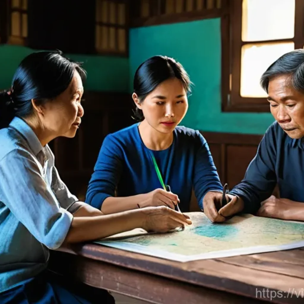 변호사 실무에서 자주 접하는 법적 분쟁 - **Prompt 1: Peaceful Land Dispute Resolution in Vietnam**
    A realistic image of a group of three ...