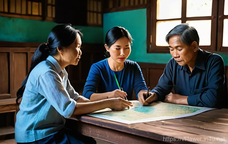 변호사 실무에서 자주 접하는 법적 분쟁 - **Prompt 1: Peaceful Land Dispute Resolution in Vietnam**
    A realistic image of a group of three ...