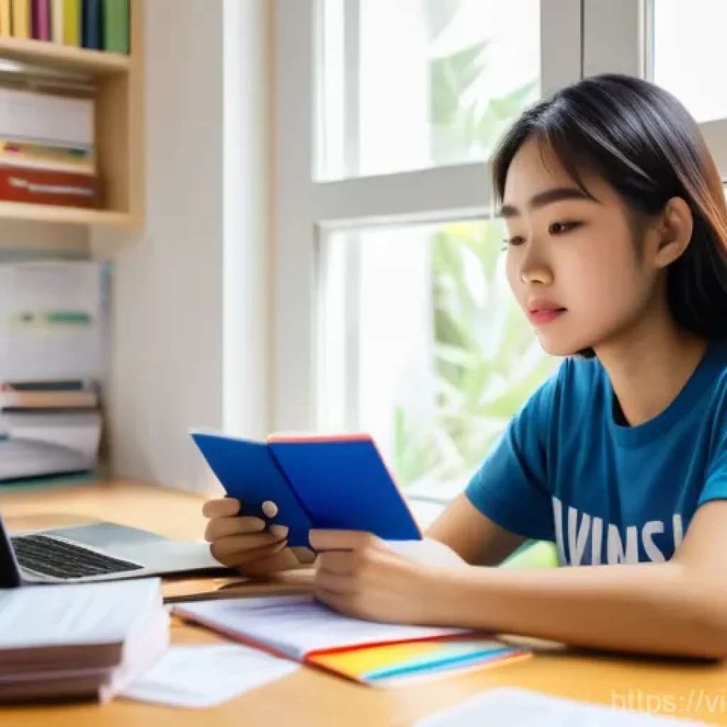변호사 시험 준비를 위한 동기 부여 - A young Vietnamese female law student, around 20-22 years old, sits at a modern desk filled with law...