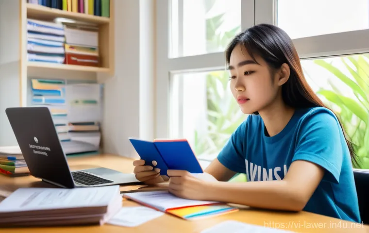 변호사 시험 준비를 위한 동기 부여 - A young Vietnamese female law student, around 20-22 years old, sits at a modern desk filled with law...