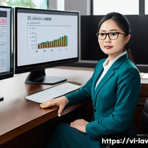 변호사 업무에서 기술적 문제 해결 - A modern Vietnamese law office interior with a professional female lawyer wearing business attire an...