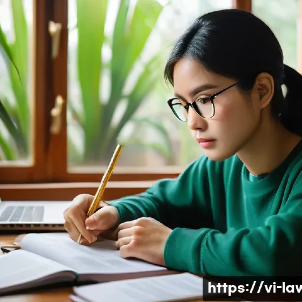 변호사 시험을 포기하지 않는 동기 부여 - A focused Vietnamese law student studying at a tidy wooden desk in a cozy home office during early m...