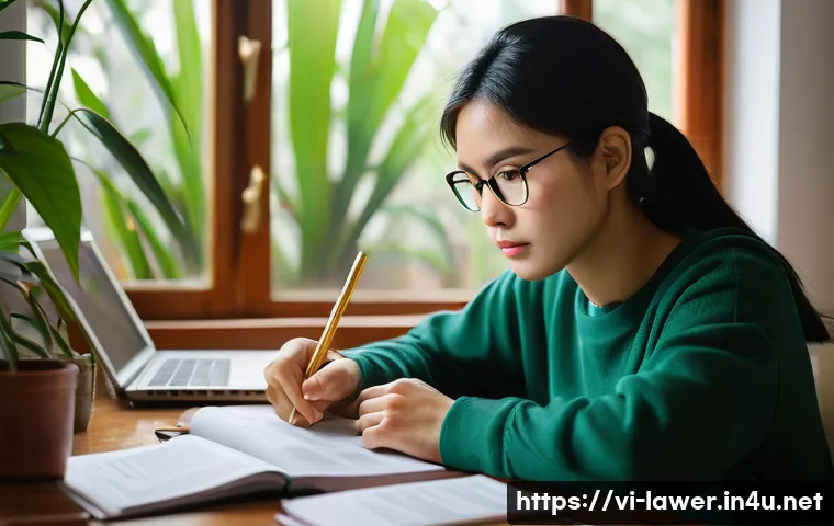 변호사 시험을 포기하지 않는 동기 부여 - A focused Vietnamese law student studying at a tidy wooden desk in a cozy home office during early m...