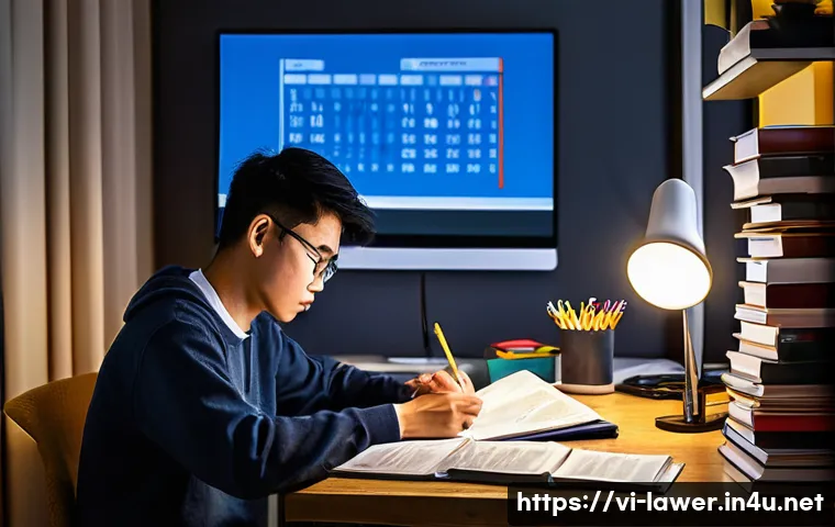 변호사 자격 취득 과정에서의 장애물 - A focused Vietnamese law student studying late at night in a modest urban apartment, surrounded by t...
