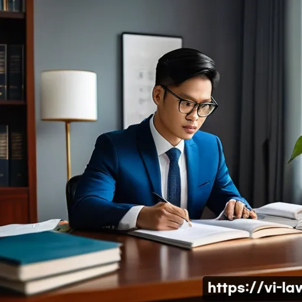 변호사 자격증과 경력 발전 - A professional Vietnamese lawyer in a modern office, wearing a smart business suit and glasses, deep...