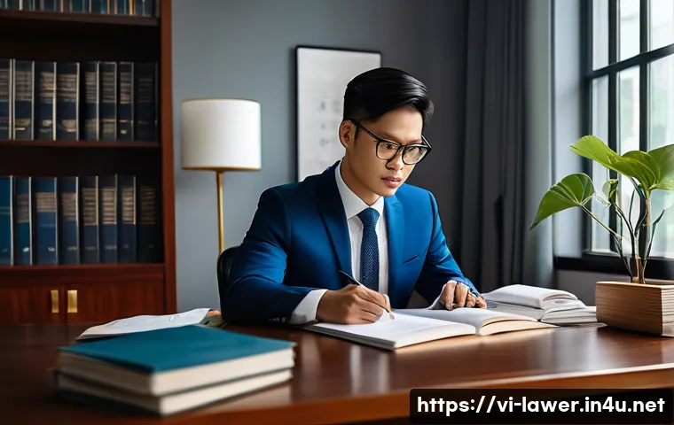 변호사 자격증과 경력 발전 - A professional Vietnamese lawyer in a modern office, wearing a smart business suit and glasses, deep...