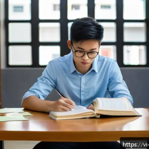 Home 32 변호사 실기에서 필요한 자료 준비 - A Vietnamese law student sitting at a wooden desk in a modern university library, deeply focused on ...