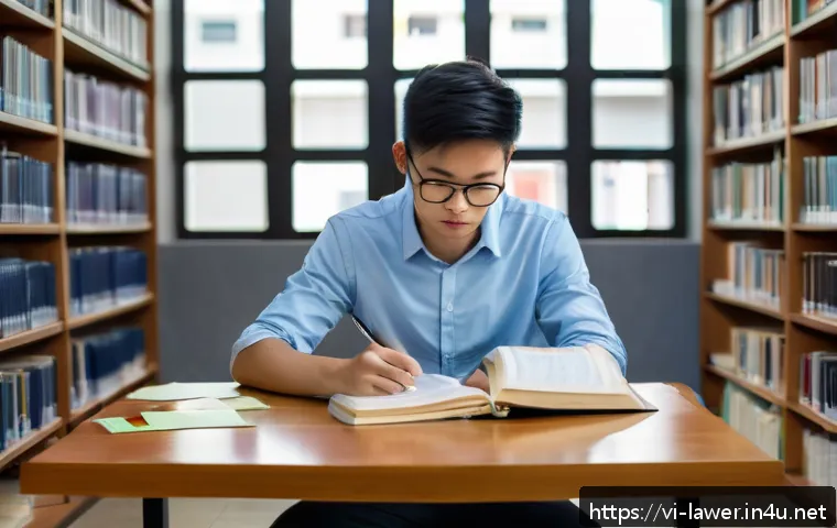 변호사 실기에서 필요한 자료 준비 - A Vietnamese law student sitting at a wooden desk in a modern university library, deeply focused on ...
