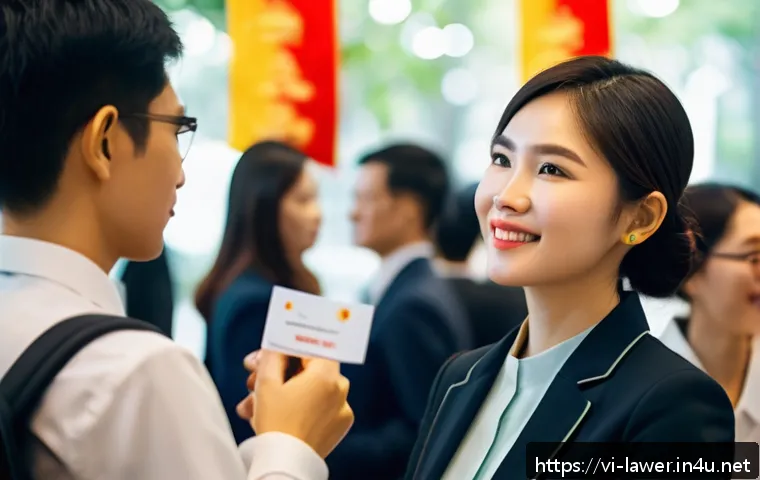 변호사 경력 초기 실수와 대처법 - A young Vietnamese lawyer in professional business attire, actively networking at a modern legal con...