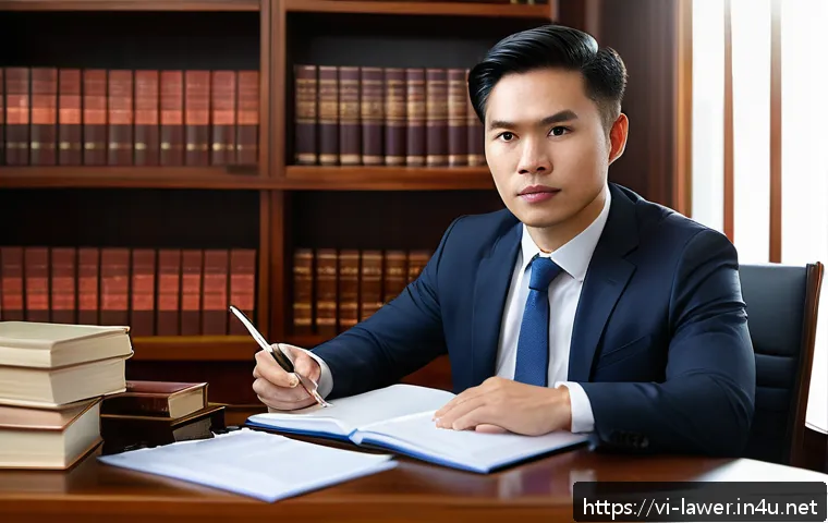 변호사 실무를 위한 필수 스킬 - A professional Vietnamese lawyer in a modern office setting, dressed in a smart dark suit with a whi...