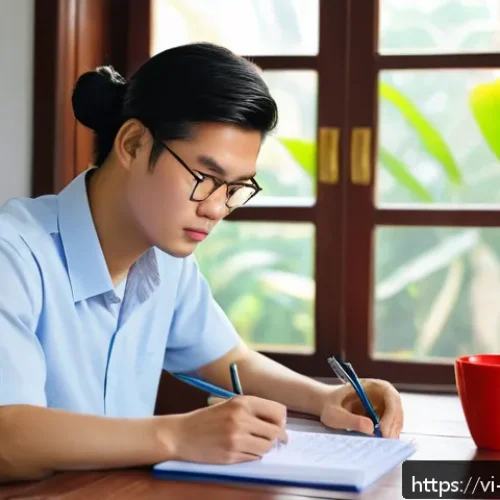 Home 17 변호사 시험 준비 기간별 계획 - A focused Vietnamese law student studying at a traditional wooden desk in a cozy home environment, s...