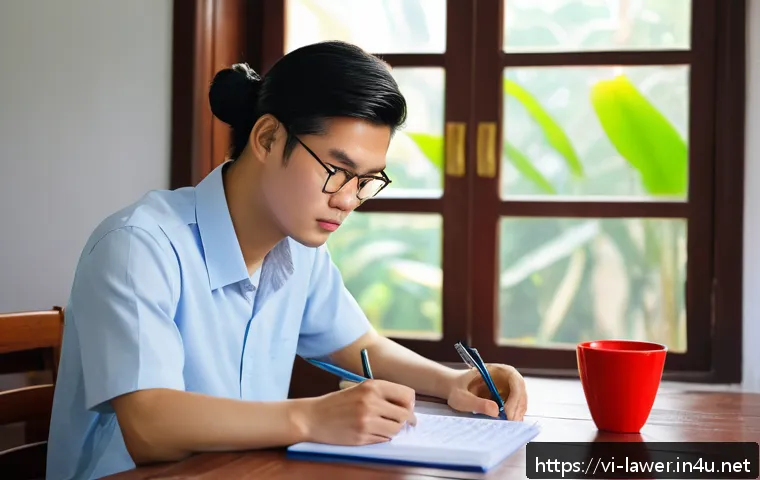 변호사 시험 준비 기간별 계획 - A focused Vietnamese law student studying at a traditional wooden desk in a cozy home environment, s...