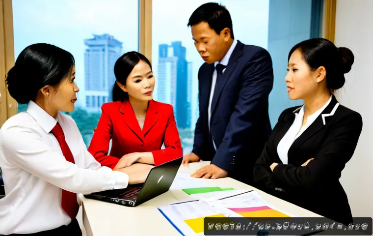 변호사 실무에서의 팀워크 관리 - Photorealistic Vietnamese legal team collaborating in a modern Ho Chi Minh City law office, five div...